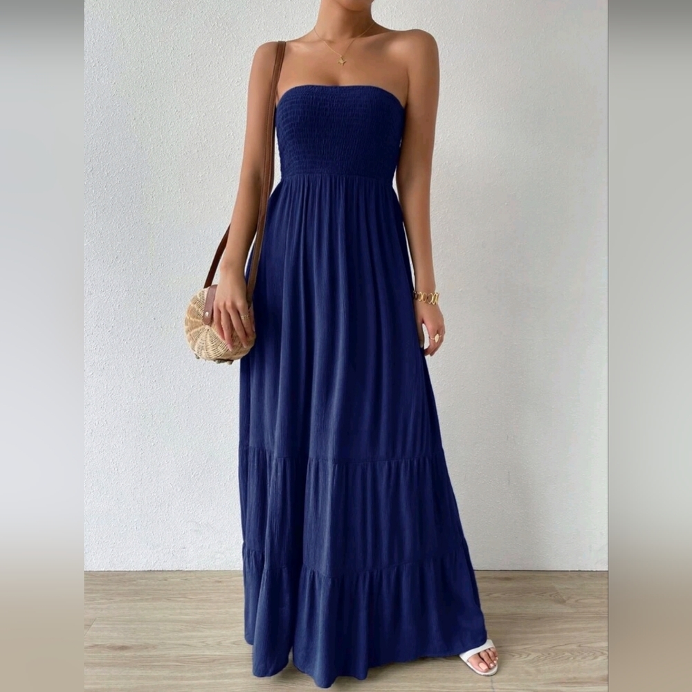 New Chic Smocked Tube Top Tiered Maxi Dress Ruffle Long Dark Blue - Picture 3 of 8